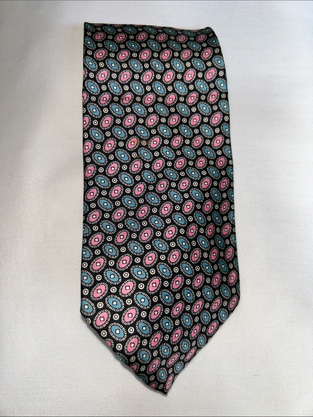Black silk Tie with Pink and Blue Medallion Pattern